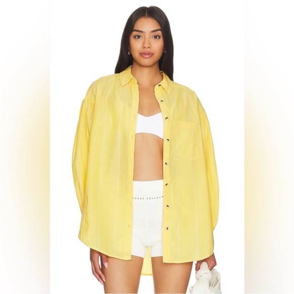 Free People Happy Hour Stripe Button Down Top Yellow Combo NWT - Picture 1 of 17